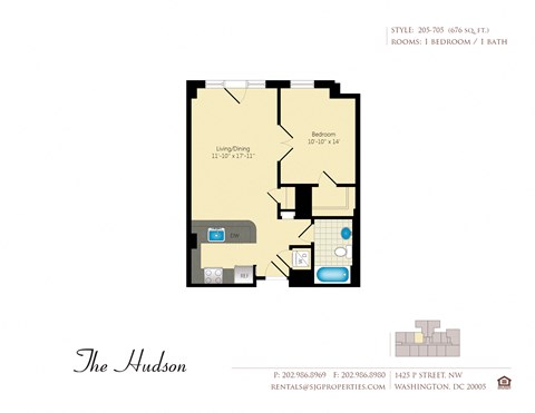 Floor plan for 1 bed, 1 bath, 676 sqft